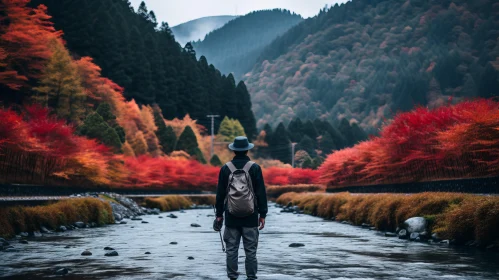 Enchanting Journey: A Man Walking Through a River with Red Trees