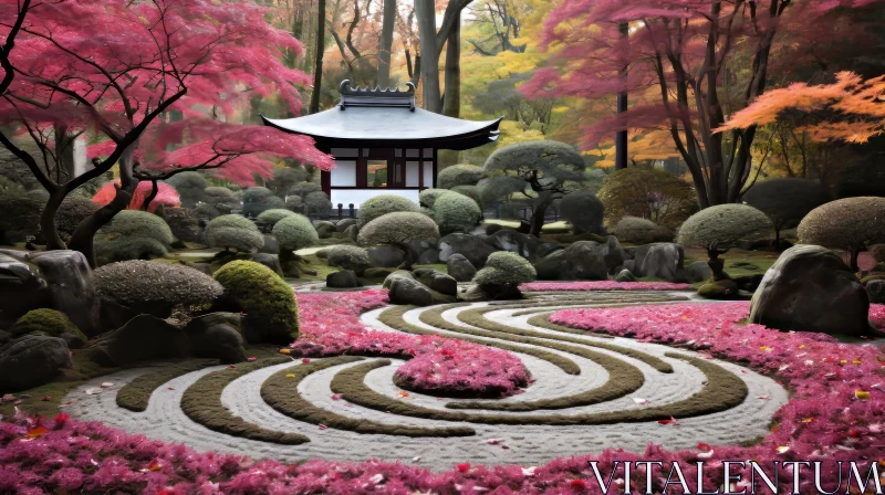 Exotic Japanese Garden in Silver and Magenta Tones AI Image