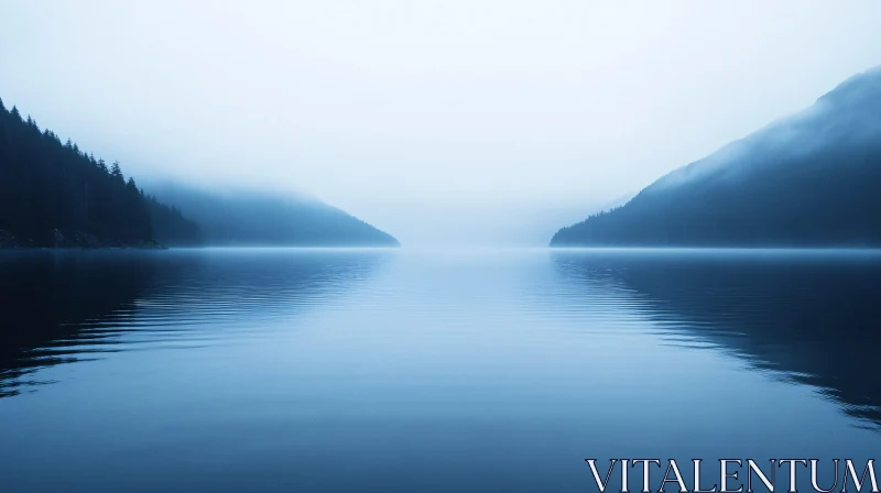 AI ART Tranquil Misty Hills with a Calm Lake