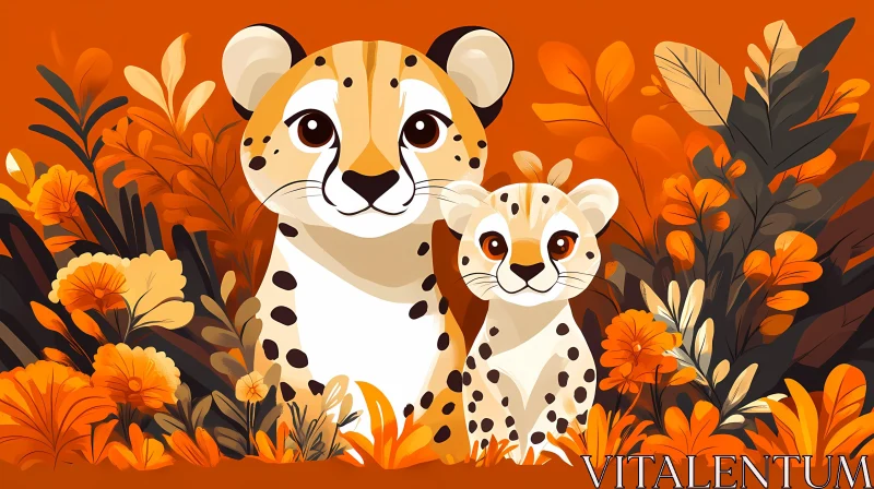 Cheetahs in Vibrant Jungle Illustration AI Image