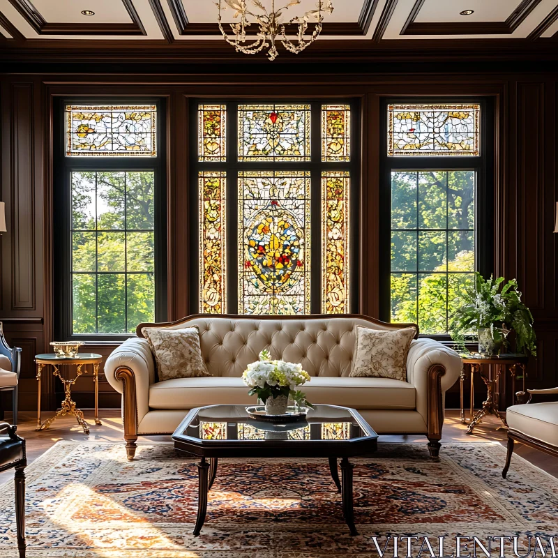 Elegant Living Room with Tufted Sofa and Stained Glass Windows AI Image