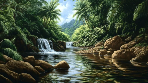 Peaceful River Cascades in Tropical Jungle