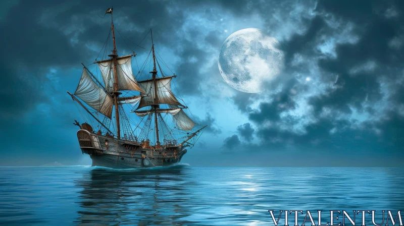 Moonlit Sea Pirate Ship Digital Painting AI Image