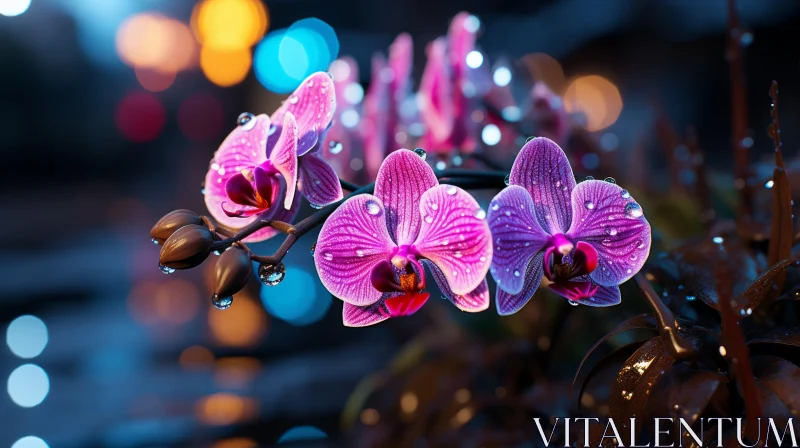 Orchid in Neon Glow: A Rainy Evening City's Photorealistic Capture AI Image