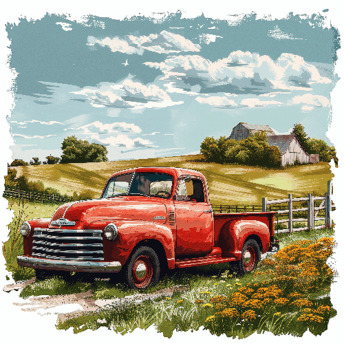 Red Vintage Truck on Rural Road by Wooden Fence POD Design