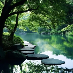 Peaceful Lakeside Path with Stepping Stones and Lush Greenery