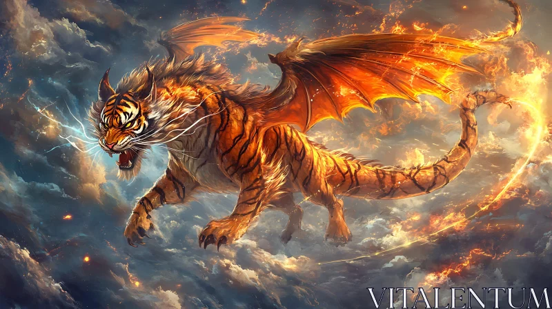 AI ART Winged Tiger Dragon Soaring Above Clouds