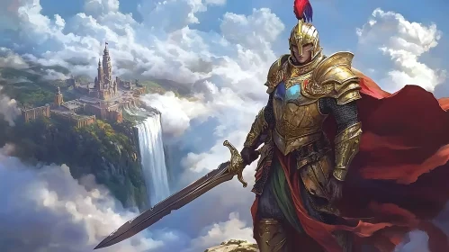 Warrior with Sword and Waterfall Castle