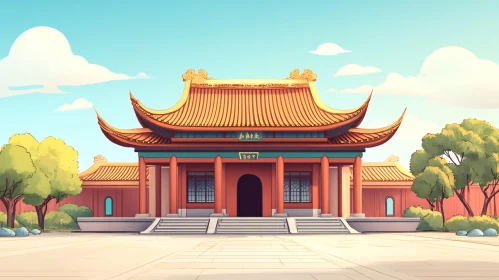 Cartoon Asian Temple with Blue Sky