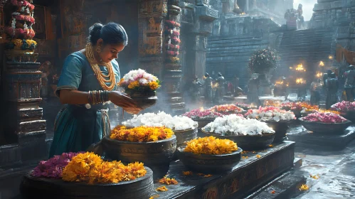 Floral Offering at Ancient Temple