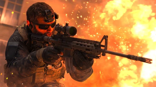 Tactical Soldier with Rifle in Firestorm