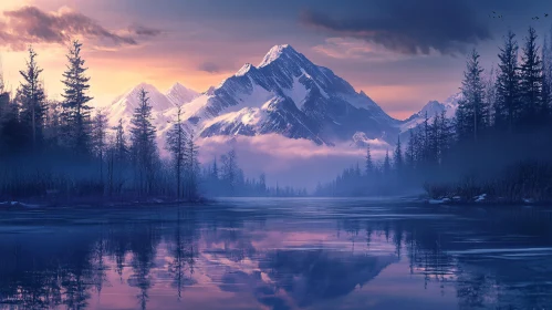 Sunset Over Misty Mountains and Tranquil Lake