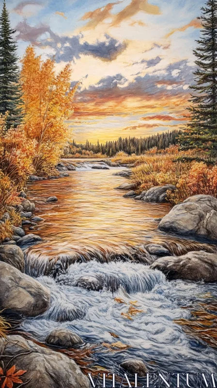 AI ART Serene Autumn River Under a Sunset Sky