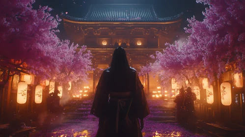 Temple View with Sakura and Lanterns