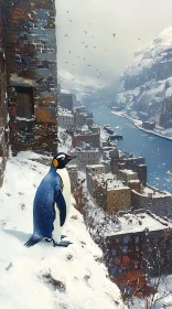 Winter Penguin and Snow-Covered Village