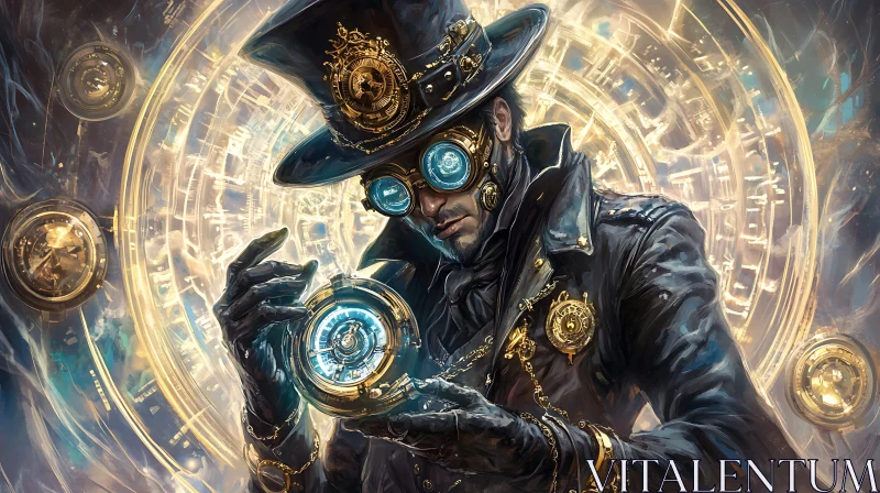 AI ART Man with Glowing Orb: Steampunk Era