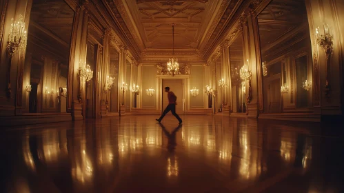 Man Walking Through Elegant Grand Hall