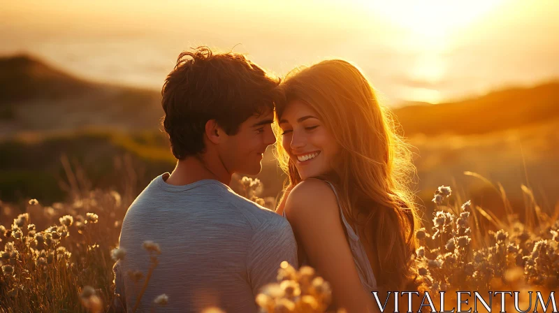 Golden Hour Romance: Couple in Field AI Image