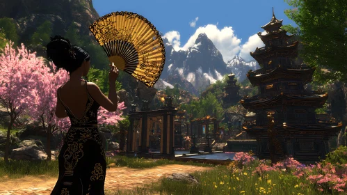 Asian Landscape with Woman and Fan