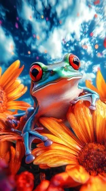 Colorful Frog Among Flowers