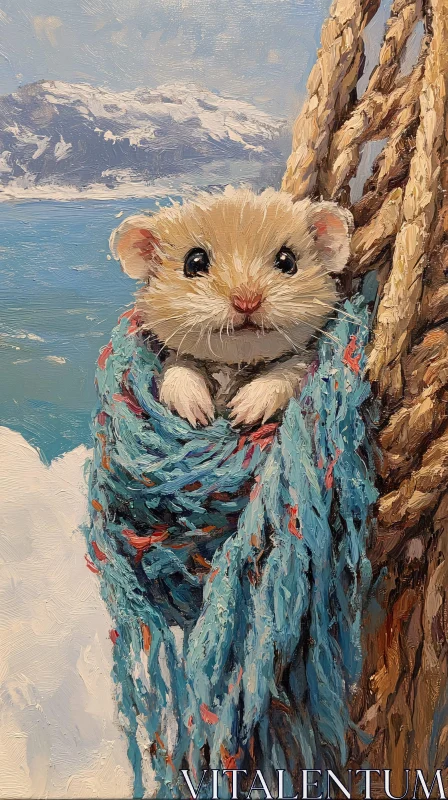 AI ART Hamster in Blue Yarn Hammock