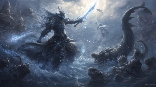 Oceanic Warrior Confronts Sea Beast