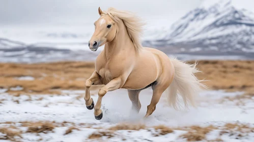 Galloping Horse in Winter Landscape