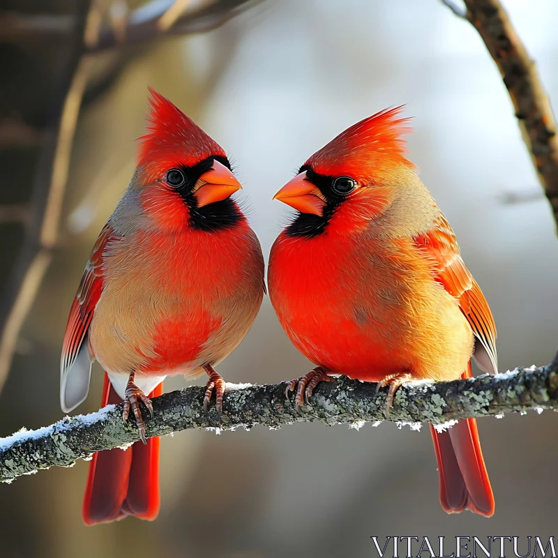 Two Red Birds in Winter Scene AI Image