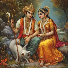 Serene Deities in Traditional Attire Artwork