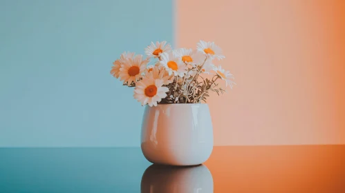 Daisies in Vase with Blue and Orange Background