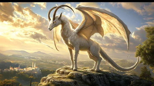 Winged Dragon Perched on Mountain Peak