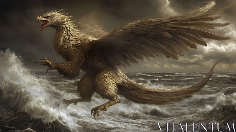 AI ART Golden Griffin Flight Over Ocean