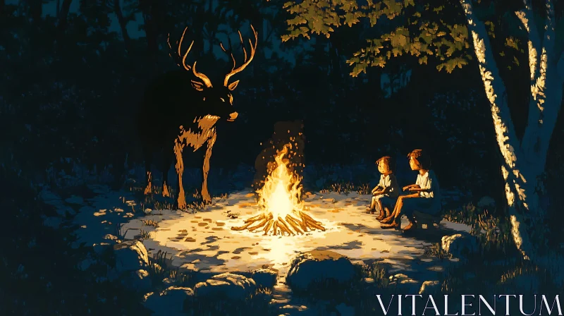 Children and Deer by Campfire AI Image