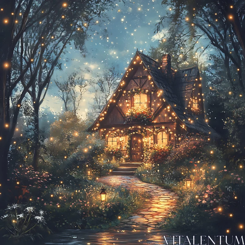 AI ART Fairytale Cottage with Twinkling Lights