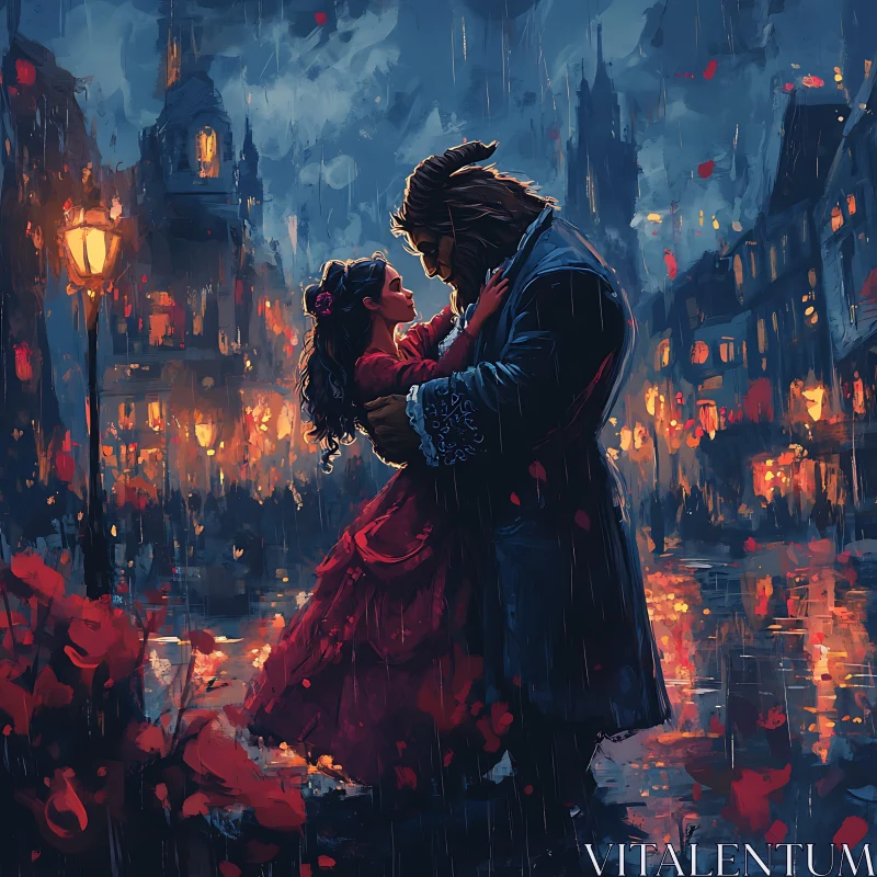 Rainy Night Romance: Beauty and Beast AI Image