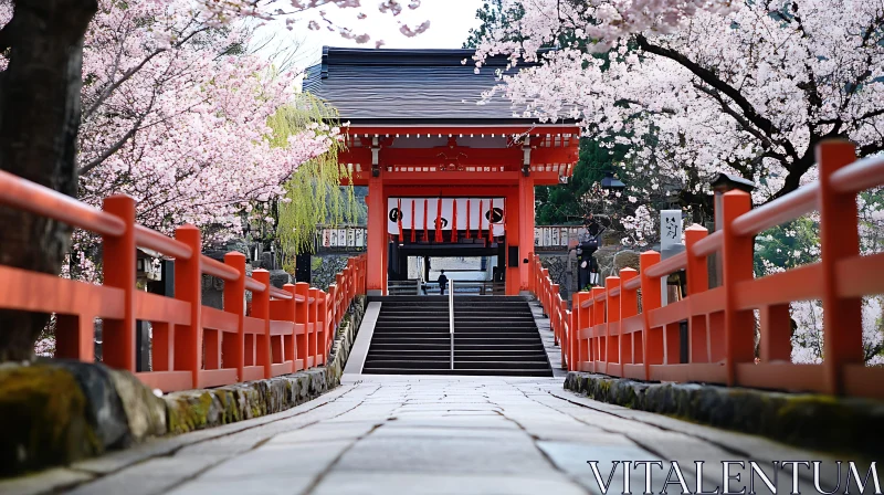 Japanese Temple with Blooming Cherry Blossoms AI Image