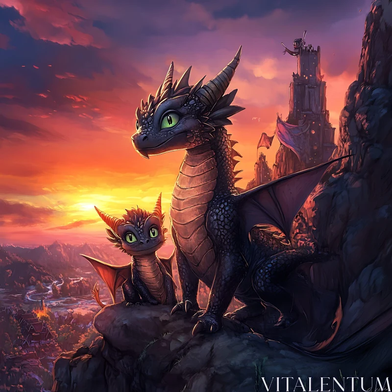 AI ART Dragons at Sunset with Castle