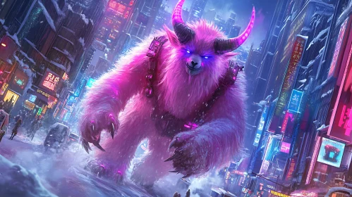 Furry Monster in a Cyberpunk Cityscape