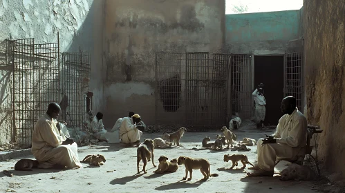 Traditional Attire Clad People with Dogs in Worn Background