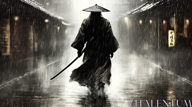 Lone Samurai in the Rain AI Image