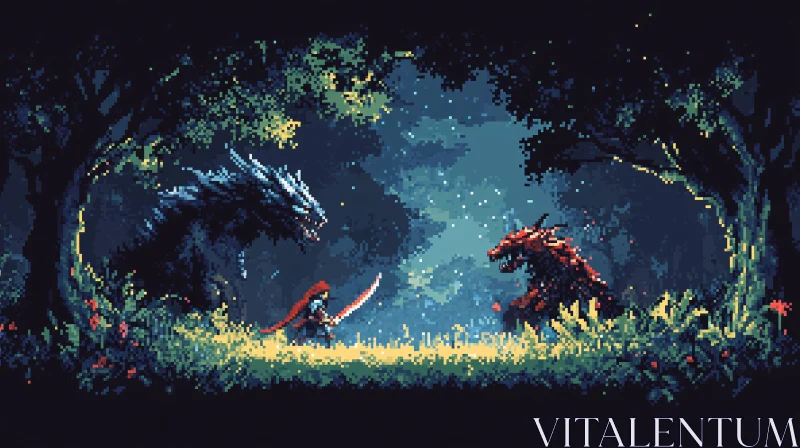 AI ART Warrior vs Dragons Pixelated Art