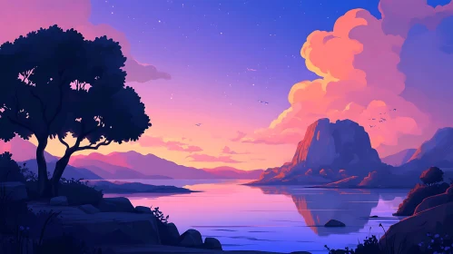 Tranquil Lake at Sunset with Mountains