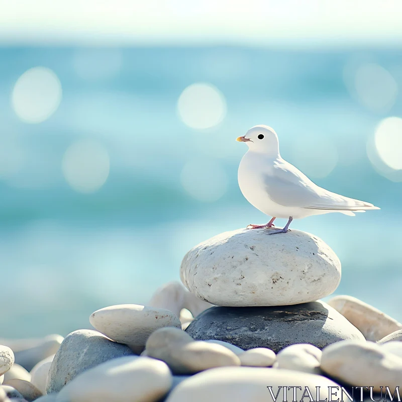 White Bird on Stone Pile by the Sea AI Image