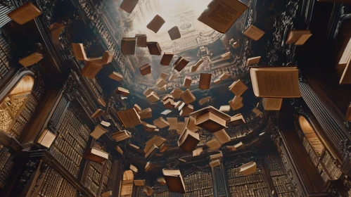 Whimsical Library with Floating Books