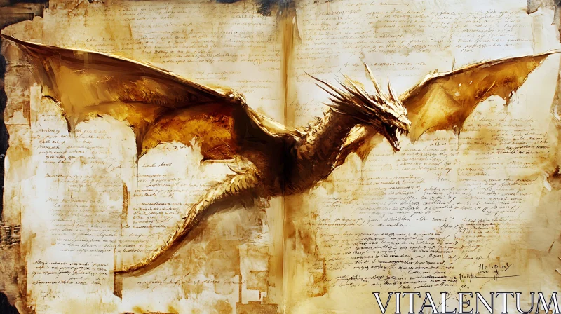 Mythical Dragon Illustration on Old Manuscript AI Image