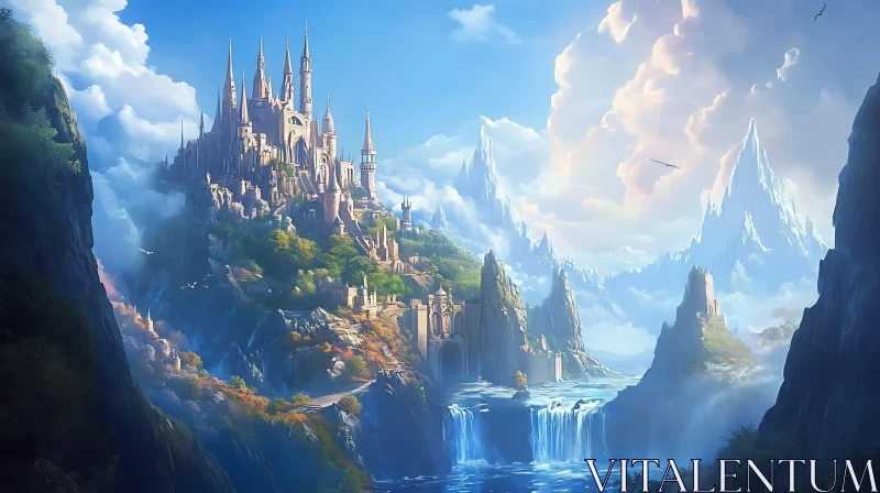 AI ART Fantasy Castle Overlooking Mountainous Waterfall Scenery