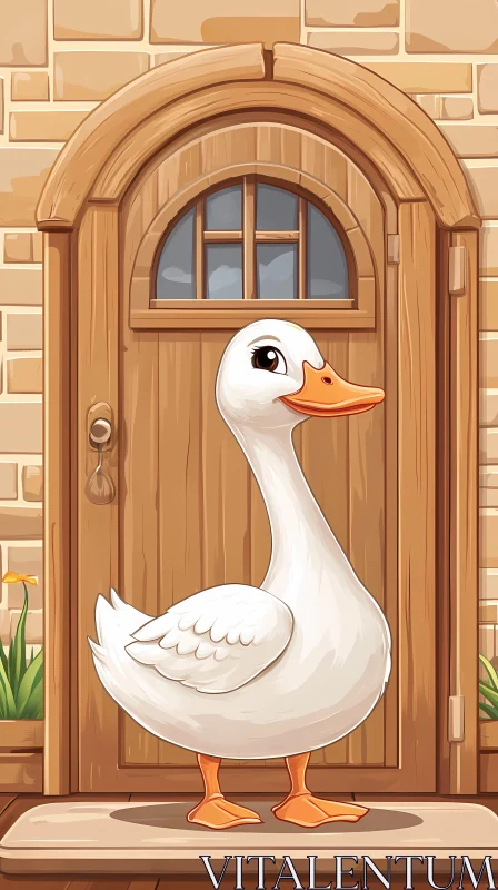 Adorable Duck in Front of Wooden Door AI Image