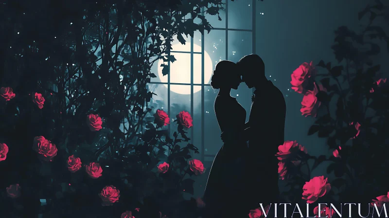 AI ART Couple Silhouette with Roses and Moon