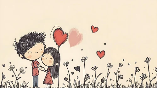 Cartoon Couple Surrounded by Hearts