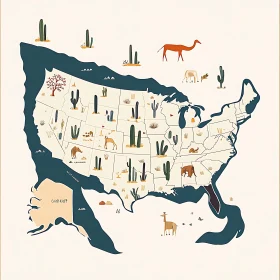 Desert Animal and Cactus Map of the USA